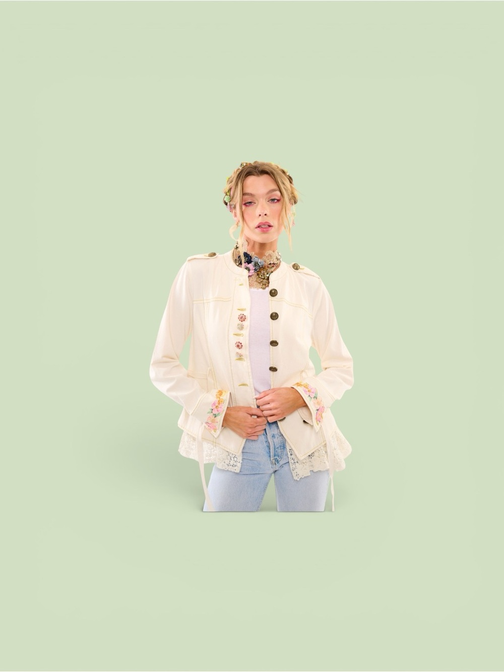 Sundance Cream Embroidered Lace-Trim Jean Jacket
